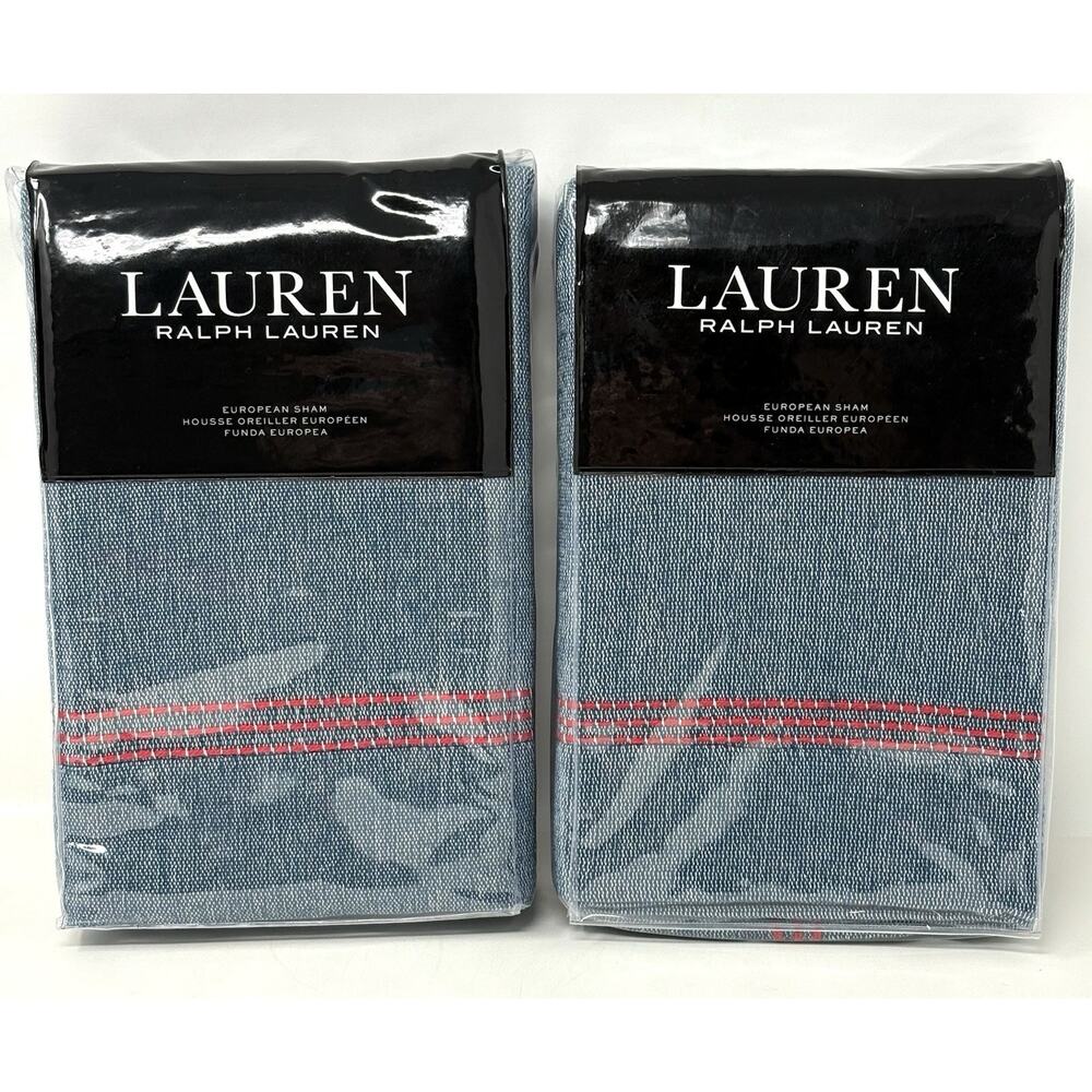 Ralph Lauren Maggie Texture Indigo Blue Euro Shams Red Coral Trim Denim 2